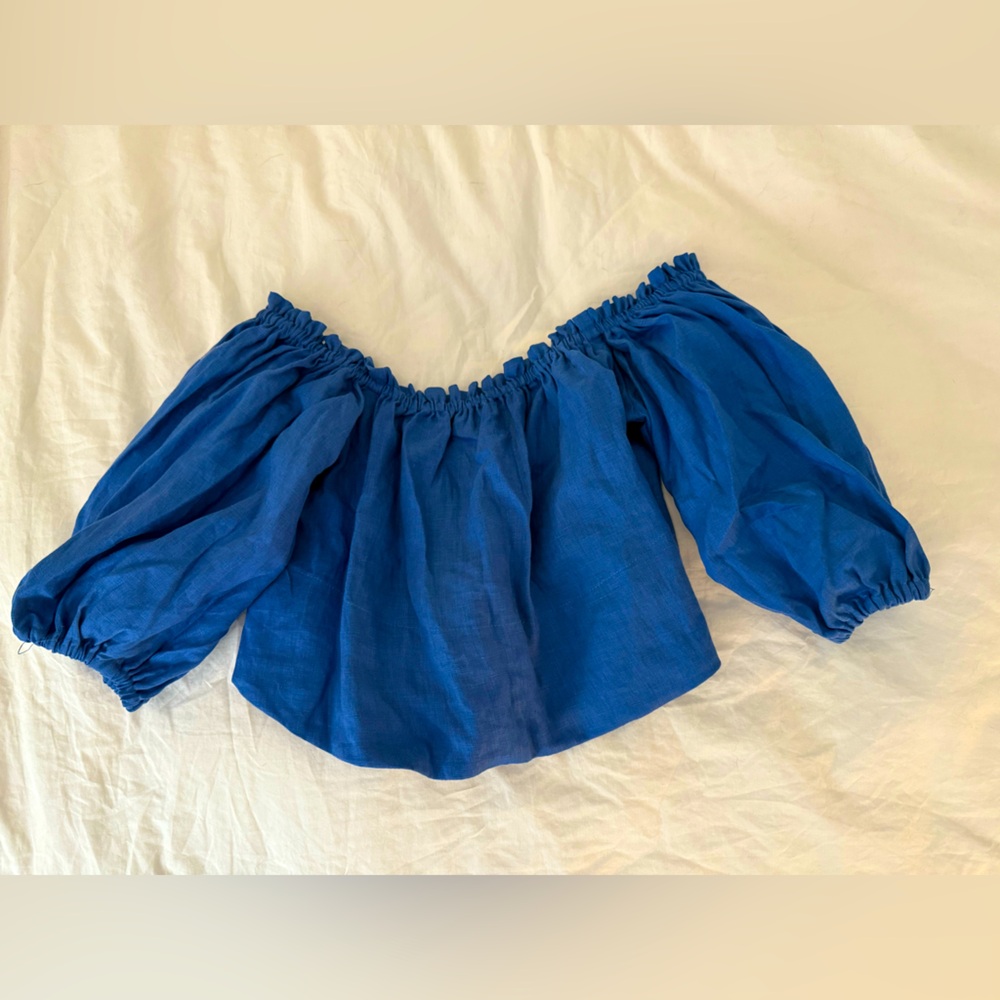 100% linen Blue Off-Shoulder Puff Sleeve Crop Top